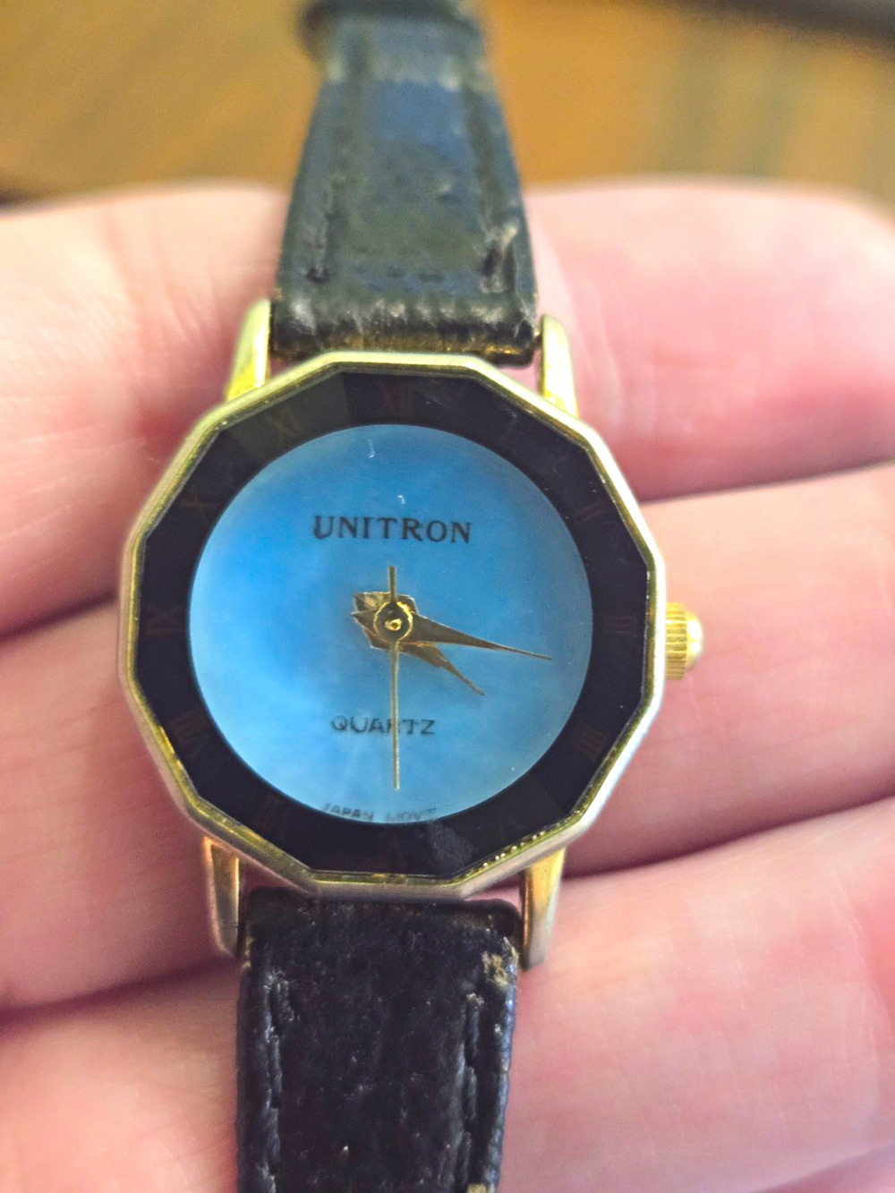 Unitron Quartz Women's Vintage 1990s Octagon Blue Dial Gold Plated Watch